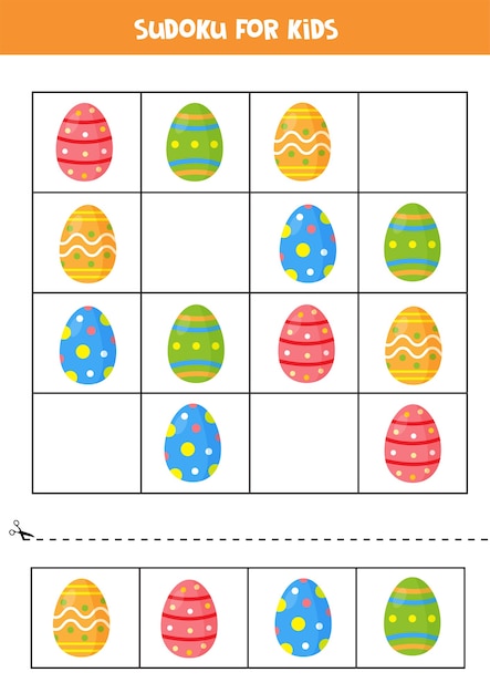 Sudoku game with colorful Easter eggs. Educational logical game for kids.