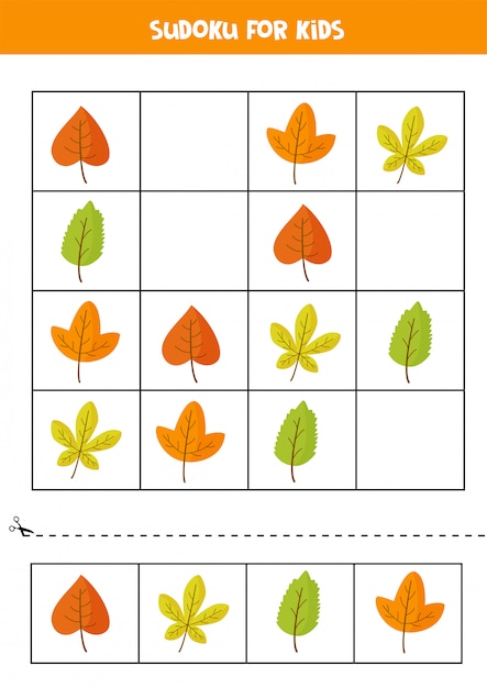 Sudoku game with cute autumn leaves. Kids puzzle.