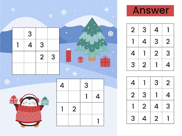 Sudoku game with cute penguin and Christmas tree