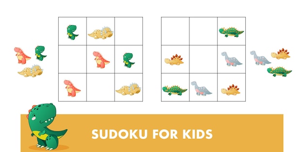 Sudoku for kids children educational game with dino cute dinosaur cartoon illustration