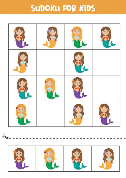 Sudoku for kids. Cute mermaids. Puzzle for kids.