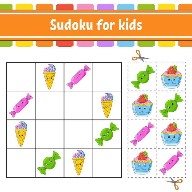 Sudoku for kids Education developing worksheet Activity page with pictures Puzzle game for children