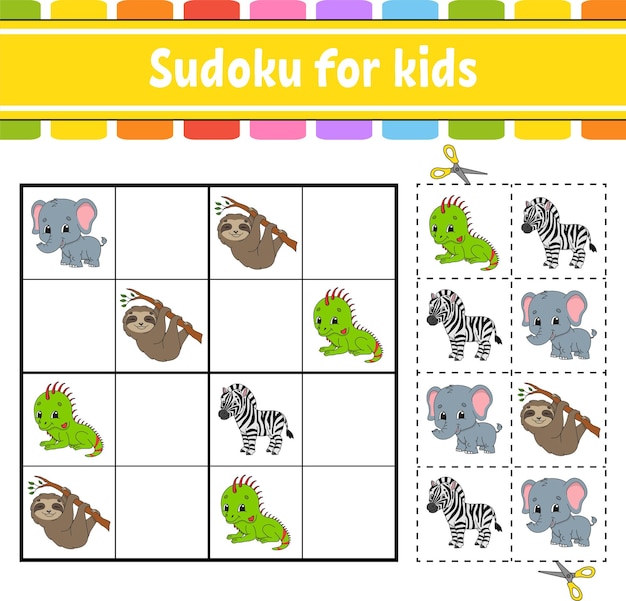 Sudoku for kids Education developing worksheet Activity page with pictures Puzzle game for children