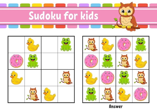 Sudoku for kids Education developing worksheet cartoon character Color activity page Puzzle game for children