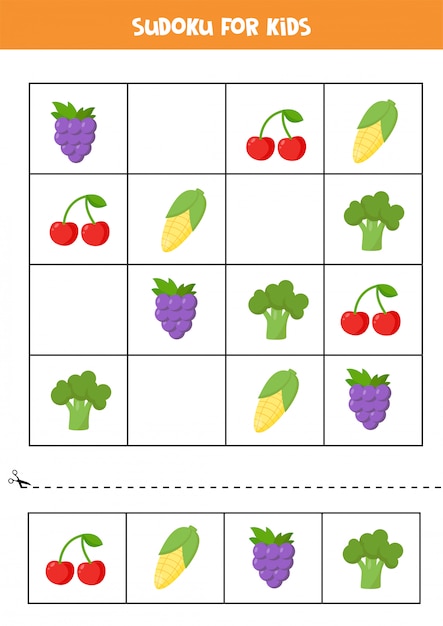 Sudoku for kids with cute cartoon fruits and vegetables. Logical puzzle for kids. Brain teaser for preschoolers. Printable worksheet.