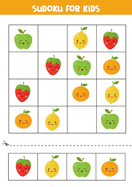 Sudoku for kids with cute kawaii apple, orange, strawberry and lemon.