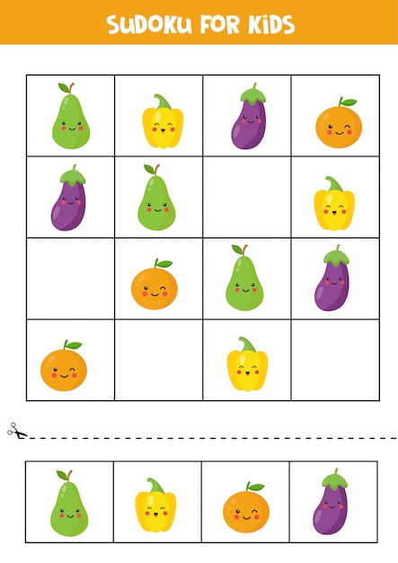 Sudoku for kids with cute kawaii fruits