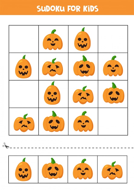 Sudoku logical game with cute Halloween pumpkins.