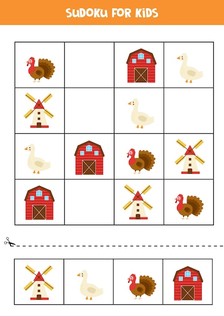 Sudoku for preschool kids. Logical game with cute farm animals.