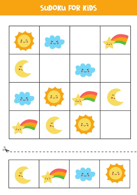 Sudoku for preschool kids. Logical game with cute weather elements.