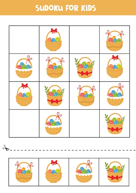 Sudoku puzzle game with cartoon Easter baskets with eggs and flowers.