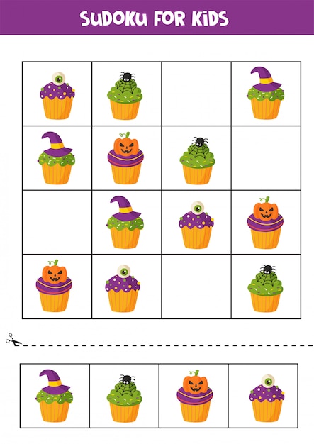 Sudoku puzzle game with spooky Halloween cupcakes.