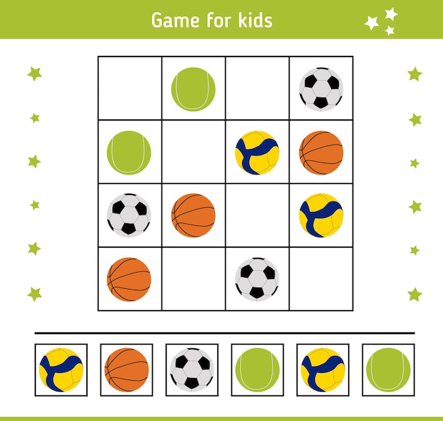 Vector sudoku with balls for various sports games childrens educational game logical task riddle quiz