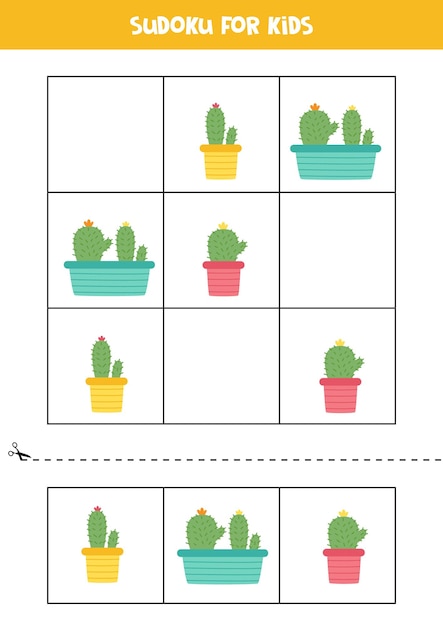 Sudoku with cute cacti for preschool kids Educational worksheet