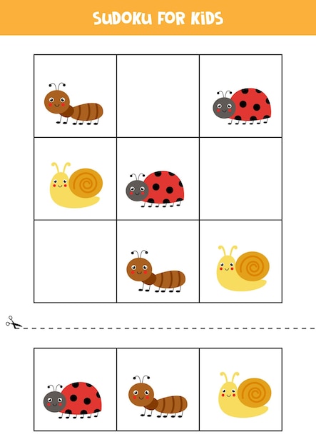 Sudoku with three pictures for preschool kids. Logical game with cute insects.