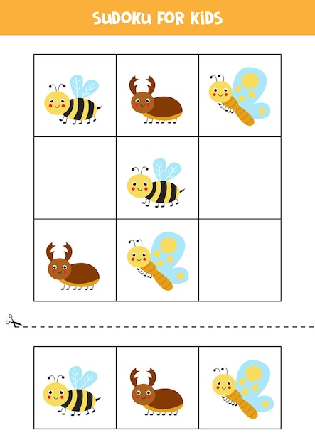 Sudoku with three pictures for preschool kids. Logical game with cute insects.