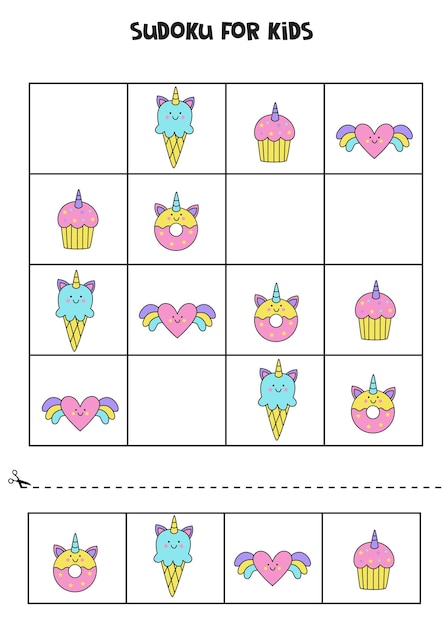 Sudoku with unicorn elements for preschool kids. Logical game for girls.