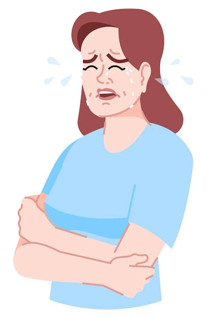 Suffering from stress semi flat RGB color vector illustration. Mentally distressed figure. Excessive self-consciousness. Crying woman embracing herself isolated cartoon character on white background