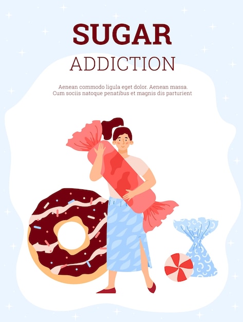 Sugar addiction concept with woman addicted to sweet food holding big candy