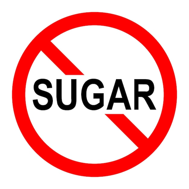 Sugar ban icon. Sugar is prohibited. Stop or ban red round sign with sugar icon. Vector illustration. Forbidden sign.