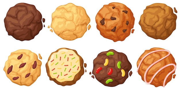 Sugar cookie Chewy sprinkles chocolate chip soft frosted and fudge oatmeal cookies top view vector Illustration set