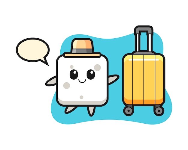 Sugar cube cartoon illustration with luggage on vacation, cute style  for t shirt, sticker, logo element