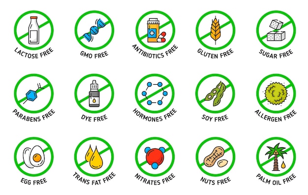 Vector sugar gluten gmo lactose free icons and signs organic product certified quality food vector pictogram soy allergen parabens and trans fats nitrates palm oil dye and hormones contain label