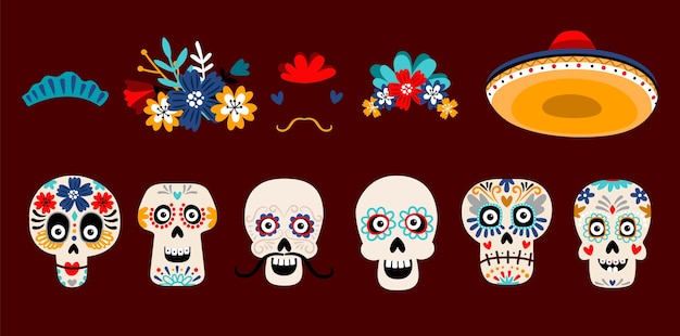 Sugar mexican skulls flat vector illustrations set. Skeleton heads with flowers isolated on white background. Skull with mustache in sombrero hat. Dia de los muertos holiday traditional decoration