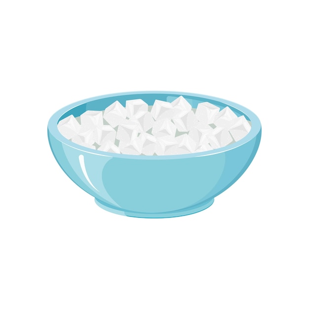 Sugar refined cubes in blue bowl isolated on white sweetener vector illustration