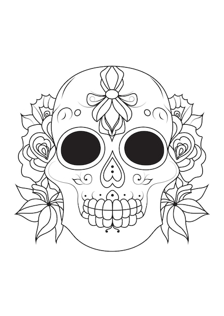 Vector sugar skull day of the dead a contour drawing of a skull decorated with flowers a mexican holiday