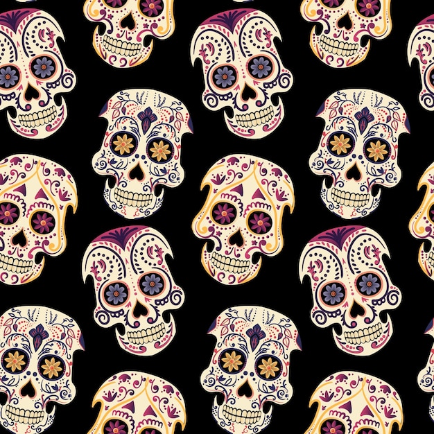 Sugar skulls seamless pattern The holiday is the day of the dead Vector illustration