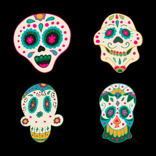 Sugar Skulls with Colorful Mexican Elements and Flowers