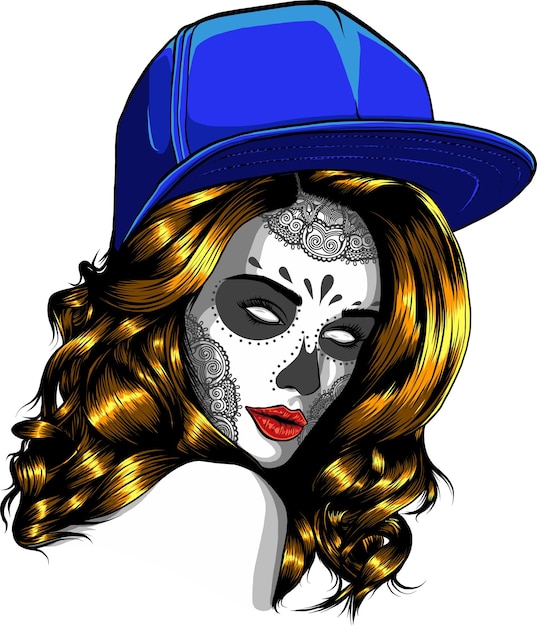 sugar woman skull with hat vector illustration digital hand draw