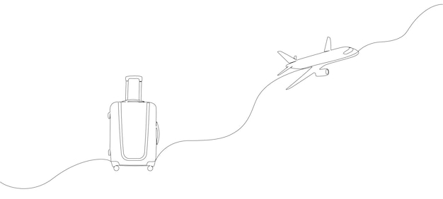 Suitcase and airplane drawn with one editable line Continuous single line drawing on travel theme Vacation concept air travel with luggage Banner on the theme of traveling Vector illustration