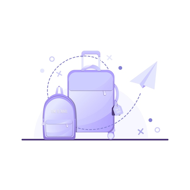 Suitcase, backpack and paper airplane for travel, summer holidays, vacation and tourism concept