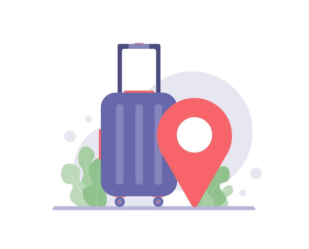 Suitcase and location point marker of map. Navigation for travel planning world tour. Vector