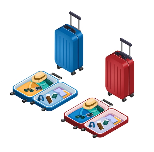 Suitcase or luggage symbol set isometric illustration vector