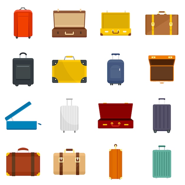 Suitcase travel luggage bag icons set