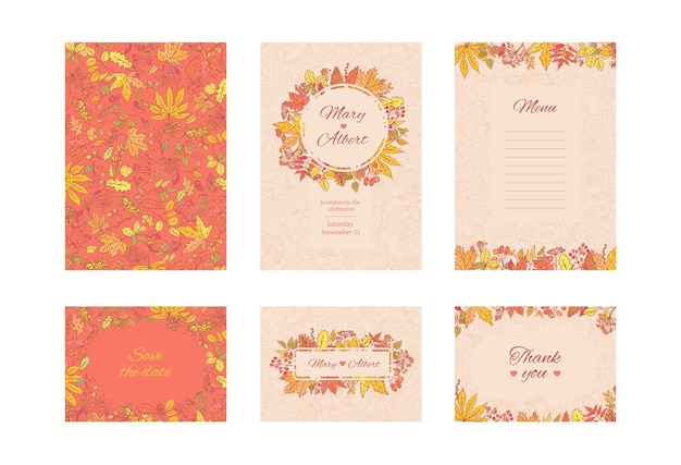  suite wedding invitation card. Set frame cards with autumn leaves and berries. Collection decorative design concept in pastel and bright colours. Invite to an anniversary or birthday.