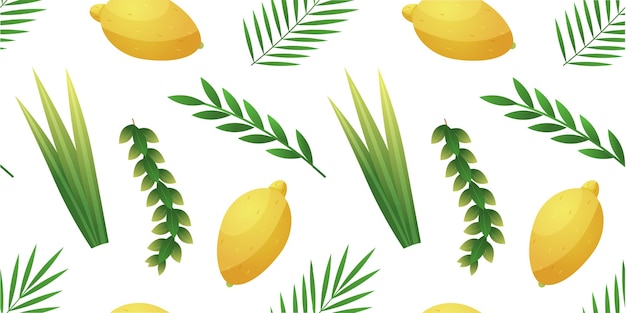 Sukkot pattern Religious traditional holiday Sukkah print Lulav or Etrog Four species Succoth citrons Lemon and palm leaves Citrus fruit Myrtle branch Vector seamless background