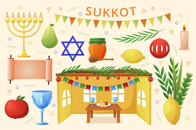 Sukkot religious holiday Israel Jewish celebration Traditional sukkah and candlestick Four happy species Sukot feast card Citron or Etrog Festive attributes illustration set