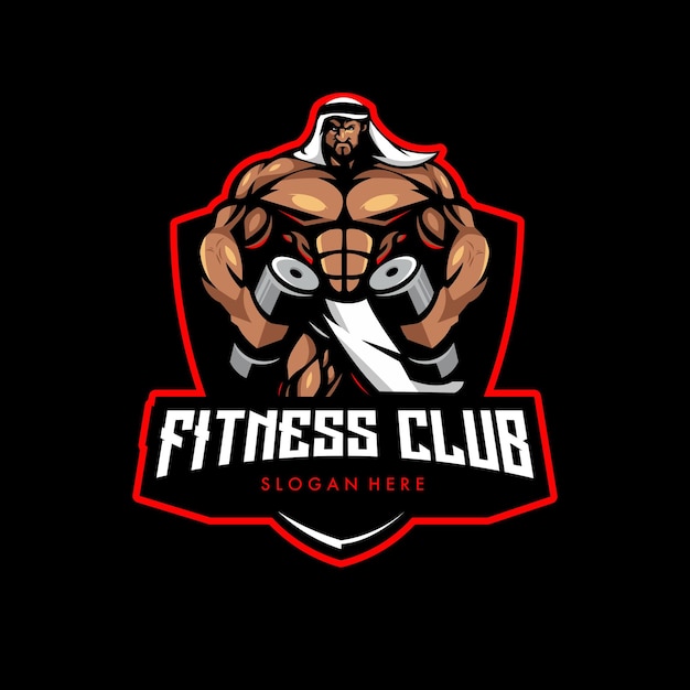 Sultan gym mascot logo. Illustration arabic man fitness with dumbbells in his hands