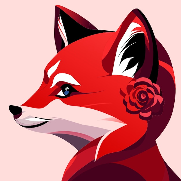 sultry red feminine fox side profile with white eyes with a big beautiful rose element with no