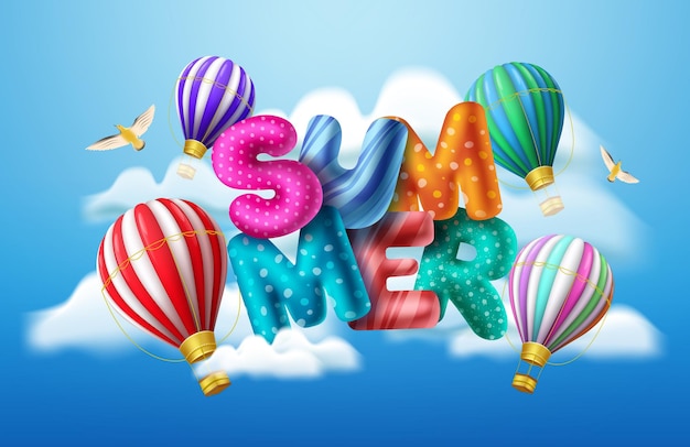 Summer 3d balloon text vector banner design Summer balloons text in sky and clouds background