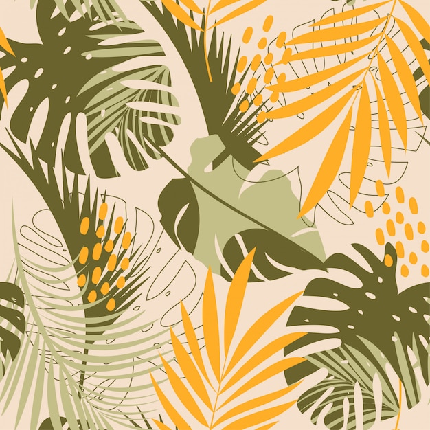 Summer abstract seamless pattern with colorful tropical leaves and plants on beige 