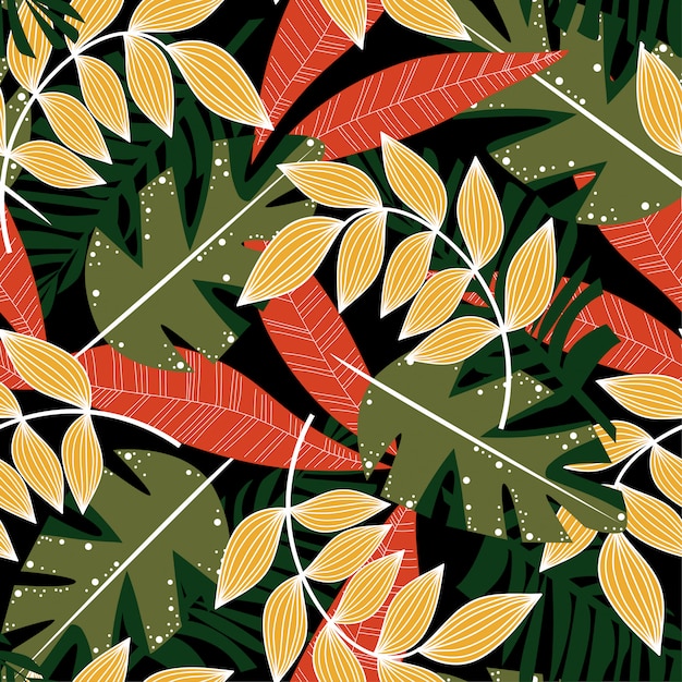 Summer abstract seamless pattern with colorful tropical leaves and plants