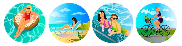 Summer activities set Ocean beach cartoon travel Girl character outdoor leisure Vacation holiday rest Travel resort Young sunbathing people Happy active tourism Vector illustration