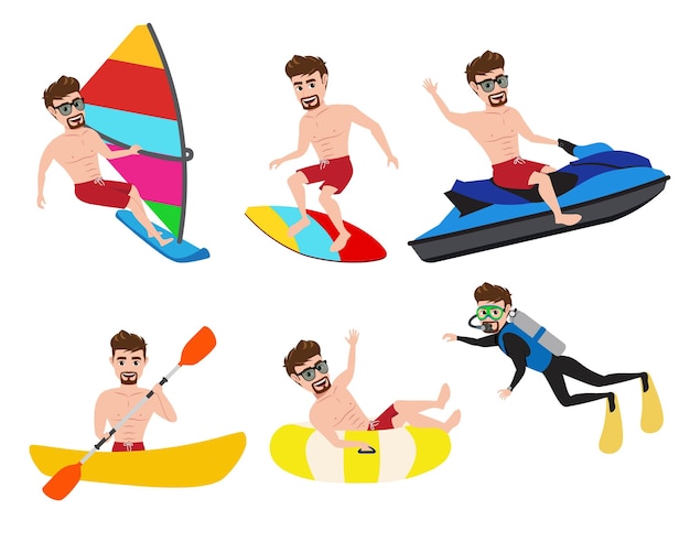 Summer activity man character vector set  Male character in summer water sport activities