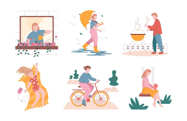 Summer activity. Man and woman characters cycling, walking, reading book, enjoy summer bbq. Vector illustration set of people on weekend vacation. Happy girl lying and listening music.