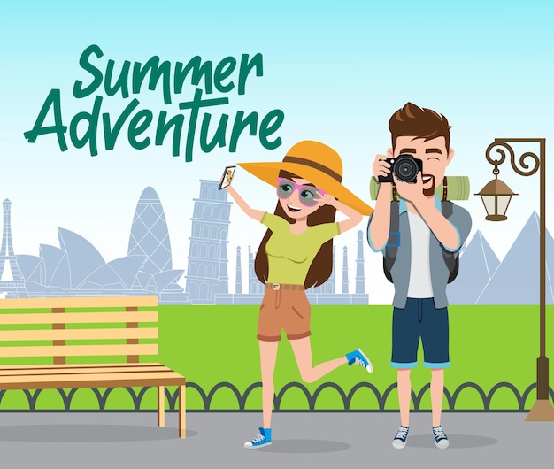 Summer adventure vector concept design Summer adventure text with couple tourist traveler